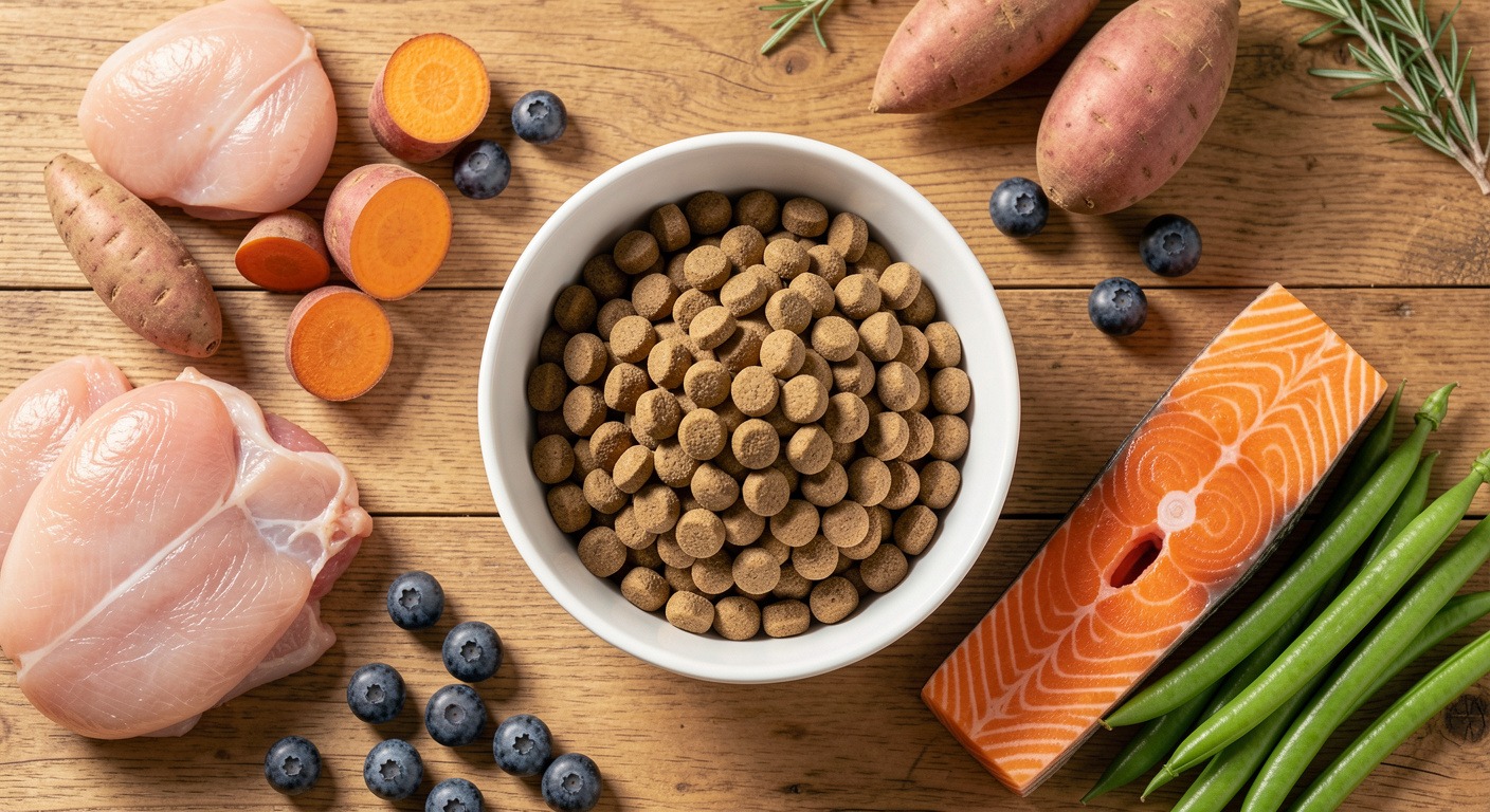Premium dog food kibble bowl with fresh whole ingredients on wooden surface