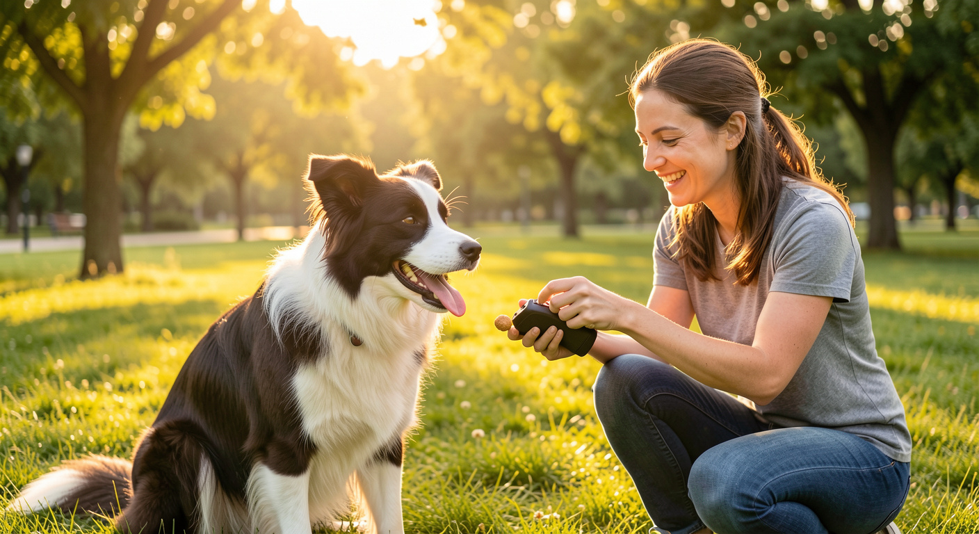 Dog owner training border collie with positive reinforcement and clicker in sunny park — dog training guide