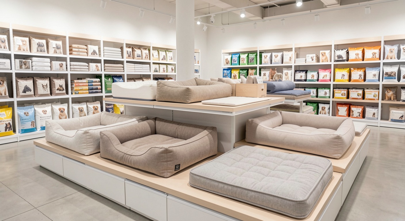 Different dog bed styles displayed in pet store
