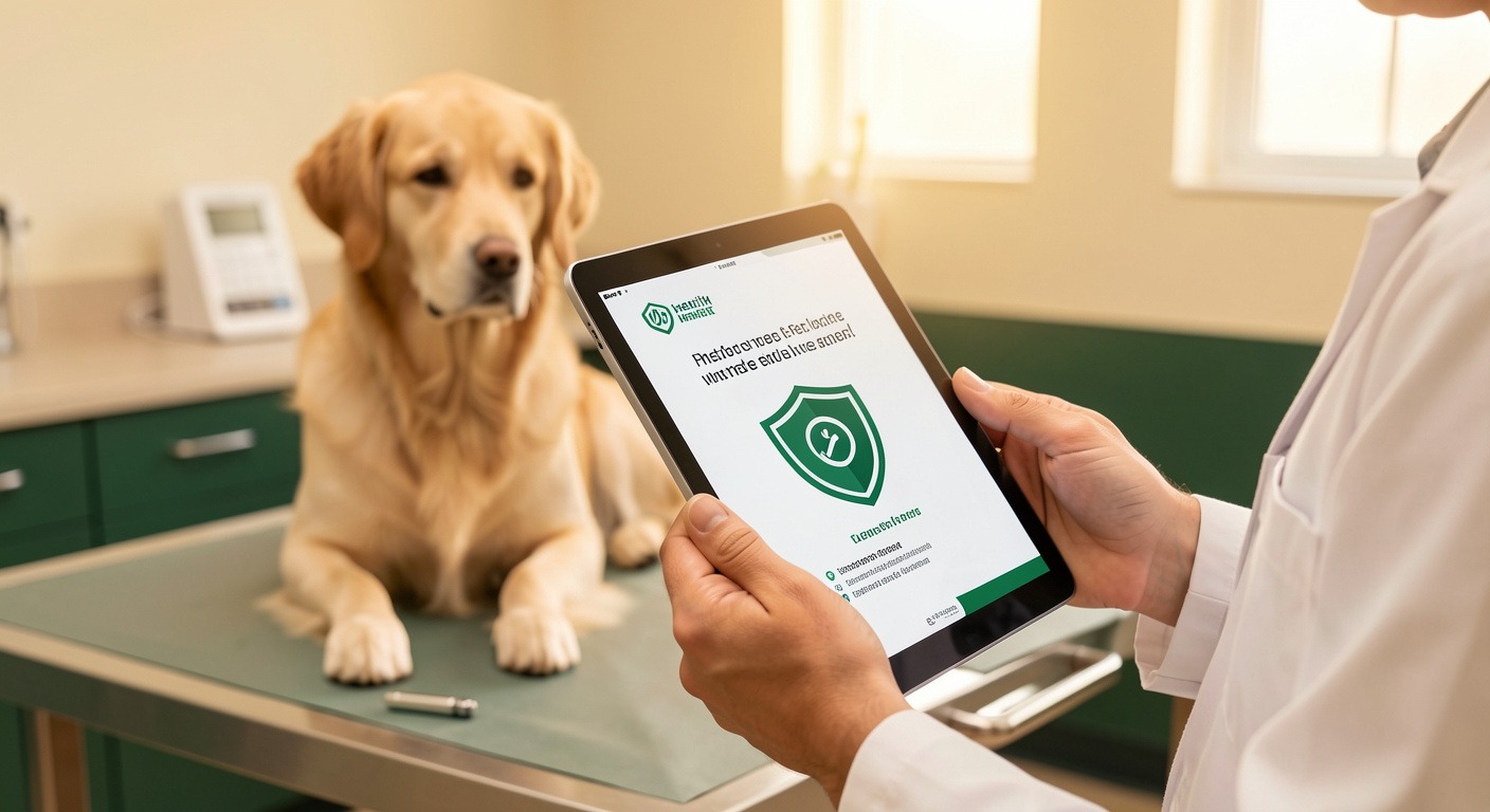 Cost of Owning a Dog in 2026: The Real Numbers from Adoption to Annual Expenses 3 Veterinarian hands holding tablet with health shield icon, calm dog in background