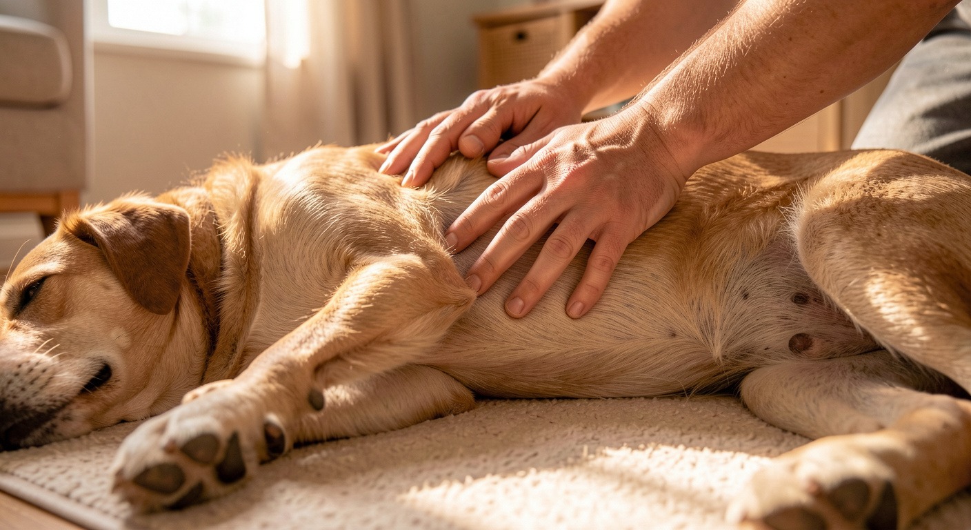 Veterinarian gently checking a dog's body condition with the rib test, demonstrating how to assess healthy weight