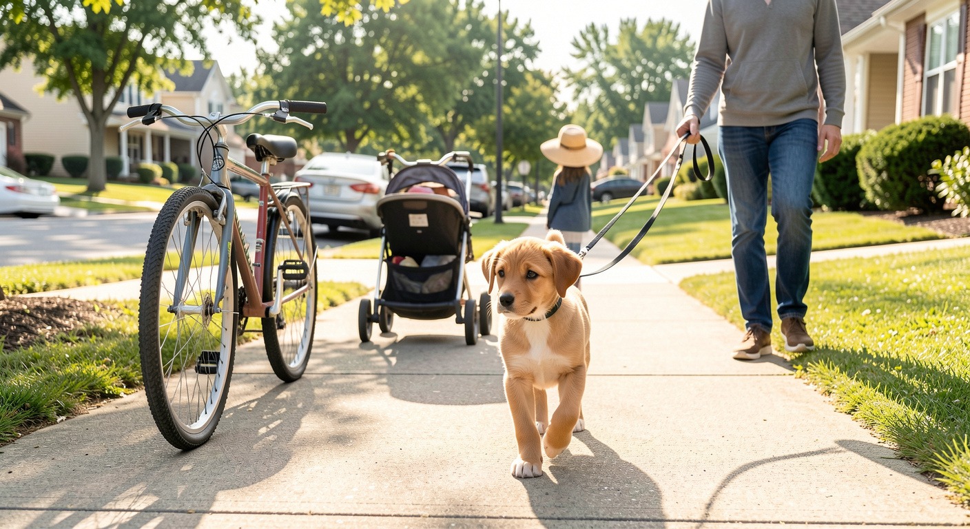 Puppy Socialization Guide: A Checklist for Raising a Confident Dog 4 Confident puppy on sidewalk walk passing bicycle and stroller for environmental exposure