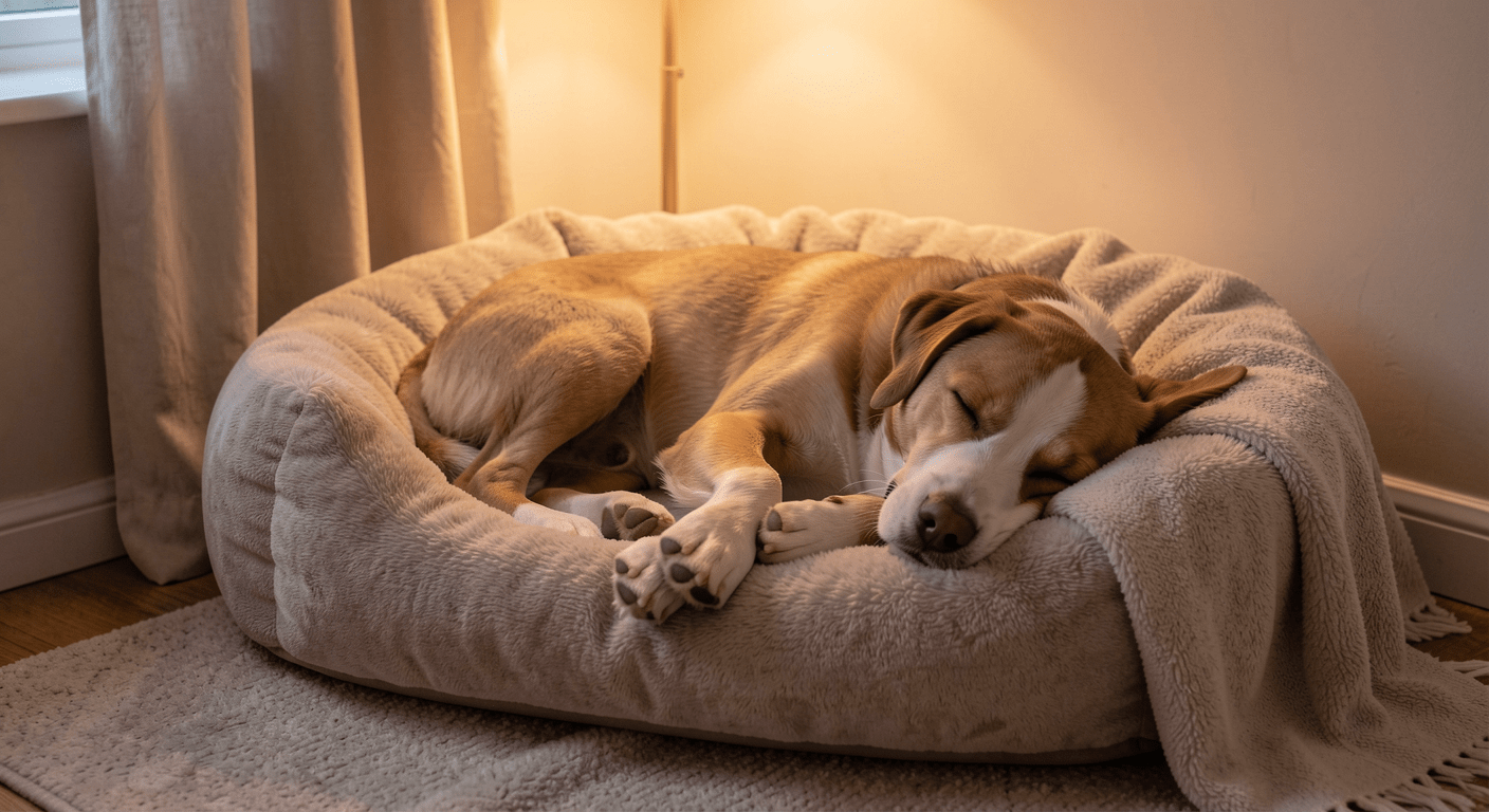 First 30 Days with a Rescue Dog: A Week-by-Week Settling-In Guide 4 Rescue dog sleeping peacefully on plush bed in cozy evening-lit corner
