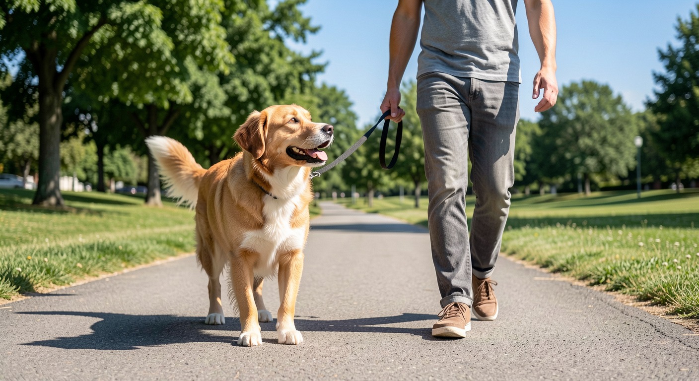 How to Leash Train a Dog That Pulls: A Positive, No-Yank Guide 4 Mixed-breed dog walking at heel with completely slack leash on sunny park path