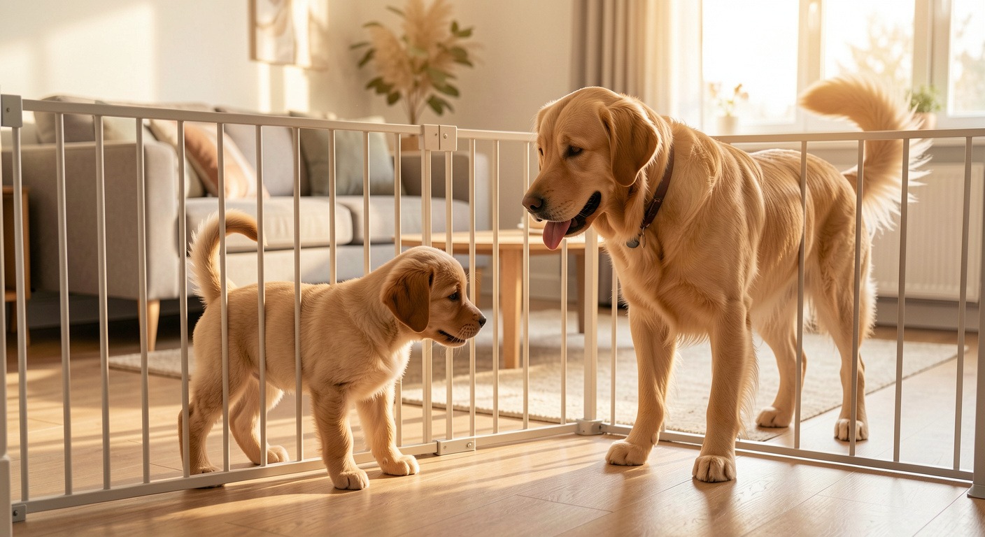 Puppy Socialization Guide: A Checklist for Raising a Confident Dog 3 Puppy meeting adult dog through baby gate for safe introduction