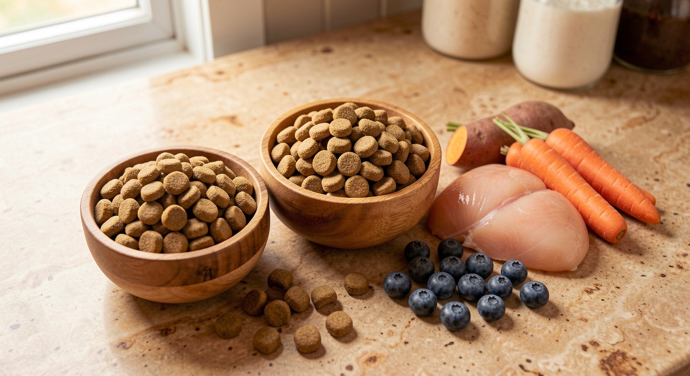 Premium dog food comparison — high quality kibble in wooden bowls with fresh natural ingredients on kitchen counter