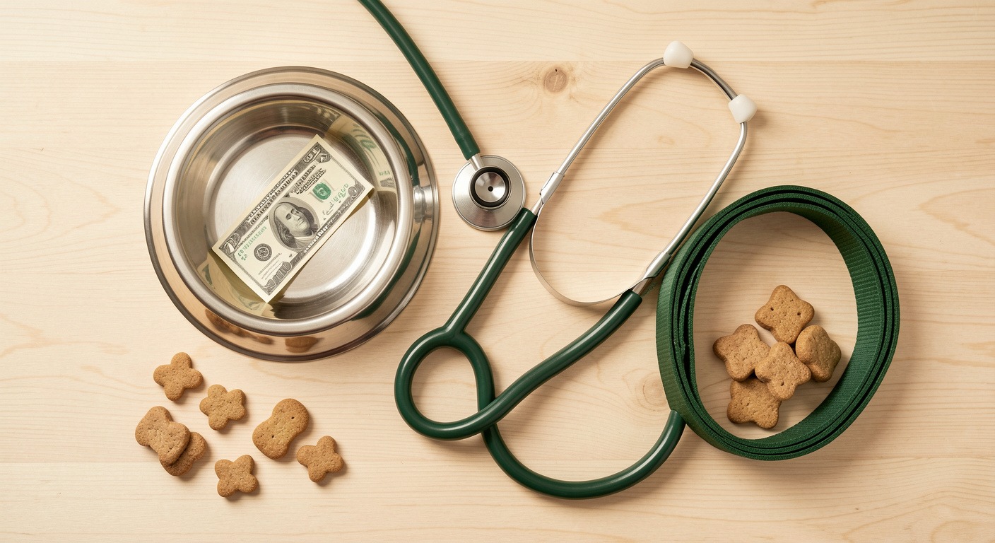 Flat lay of dog ownership costs with bowl, stethoscope, leash, and treats on wood surface