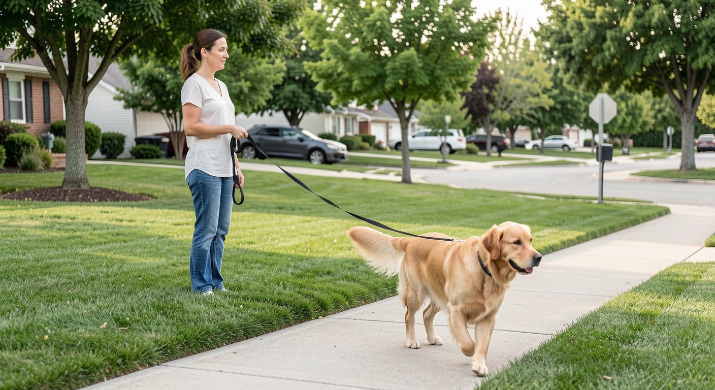 How to Leash Train a Dog That Pulls: A Positive, No-Yank Guide 3 Handler standing still while golden retriever pulls , demonstrating the stop technique