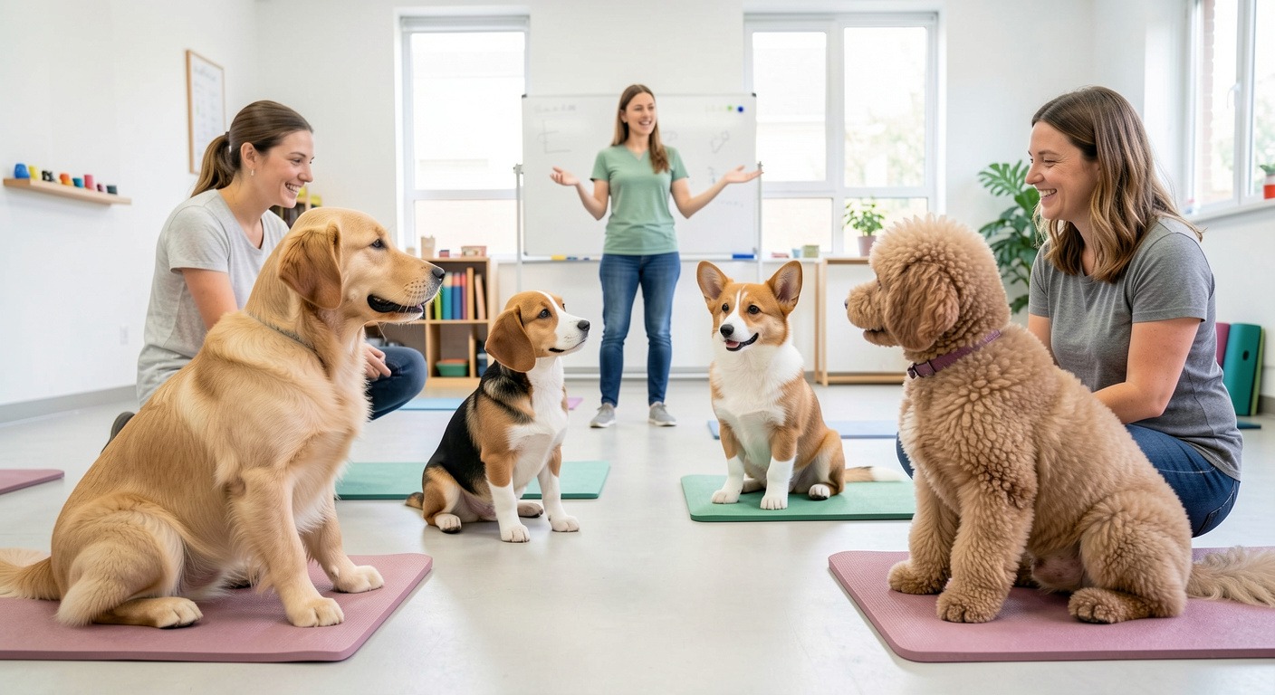 Puppy Socialization Guide: A Checklist for Raising a Confident Dog 2 Puppy socialization class with multiple breeds and owners in bright indoor training facility