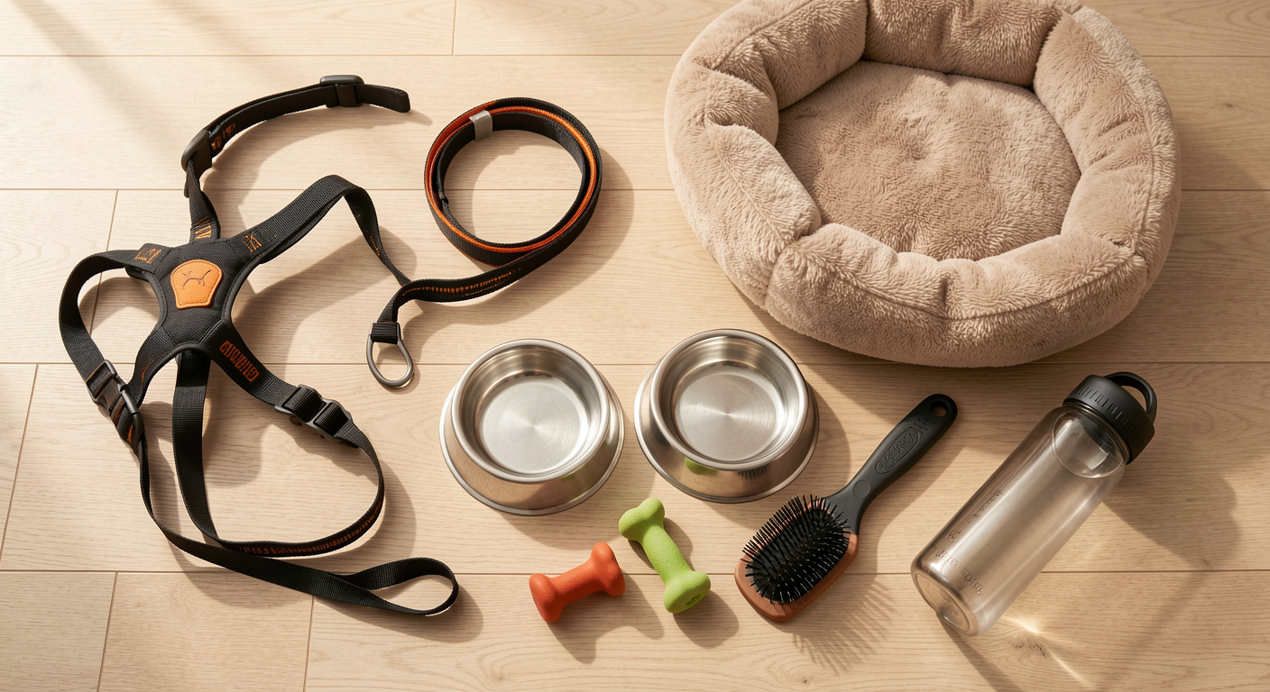 Essential dog gear flat-lay — harness, leash, bed, bowls, toys, grooming brush, and travel water bottle on wooden floor