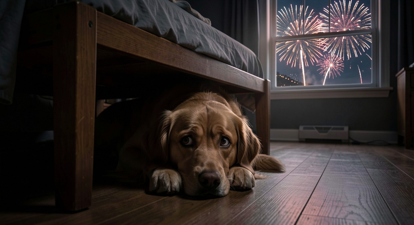 Summer Dog Safety Guide: 8 Tips to Keep Your Pup Cool, Happy & Healthy 6 Scared dog hiding under furniture during fireworks display
