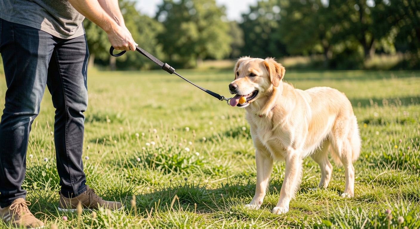 Dog recall training session outdoors with owner using a long training leash in a grassy field with positive reinforcement treats