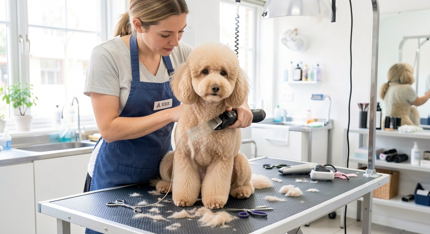 Poodle Guide: Sizes, Temperament, Grooming, and Complete Care 4 Poodle being groomed on a grooming table