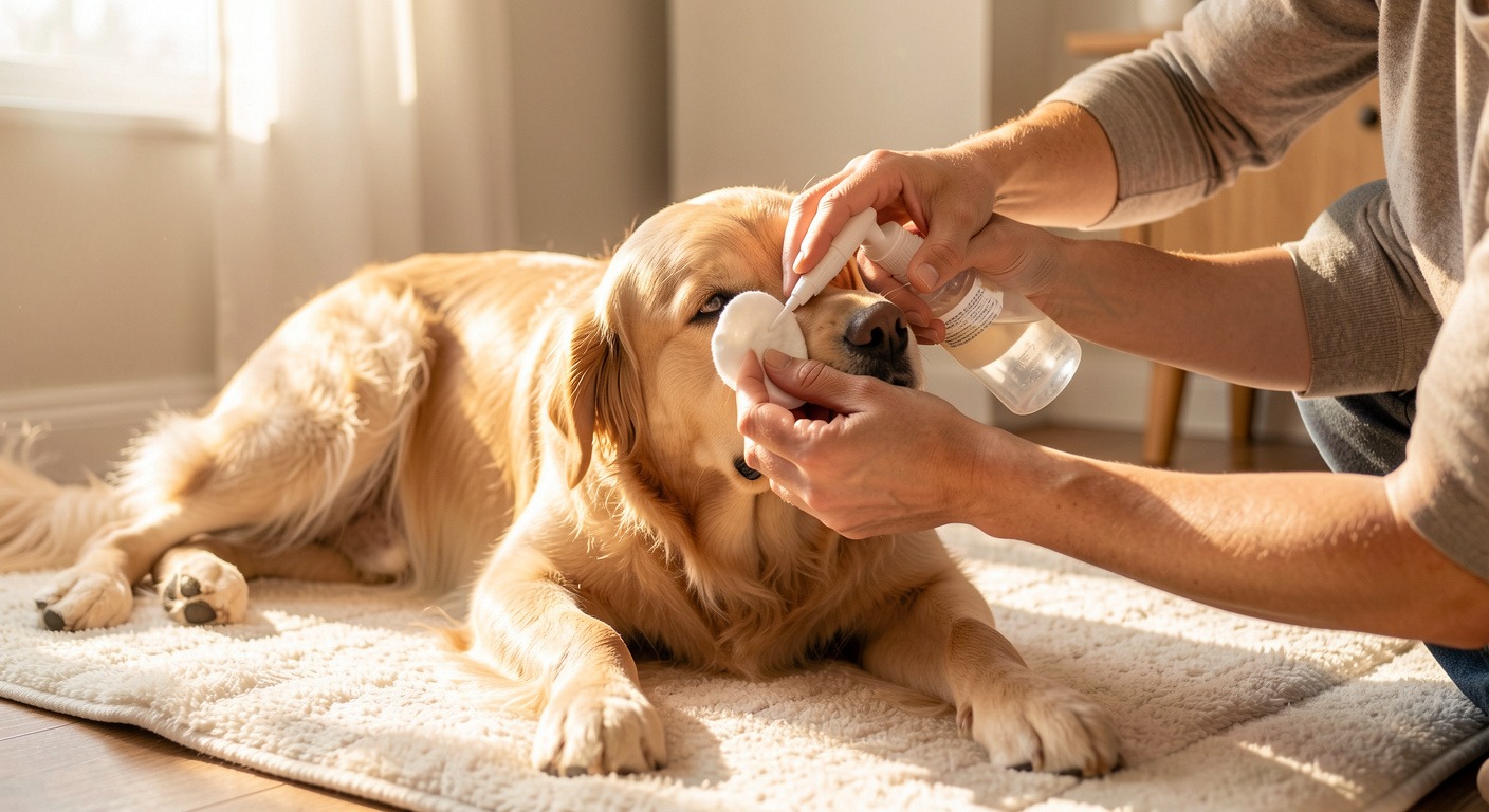 Dog Ear Infections: Symptoms, Causes, Treatment & Vet Warning Signs 3 Owner gently cleaning dog ears with cotton pad and ear solution at home