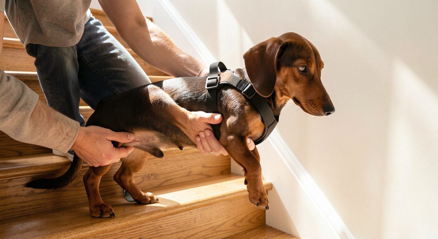 Dachshund Breed Guide: Temperament, Back Health, and What to Expect 3 Dachshund being safely carried up stairs supporting long back