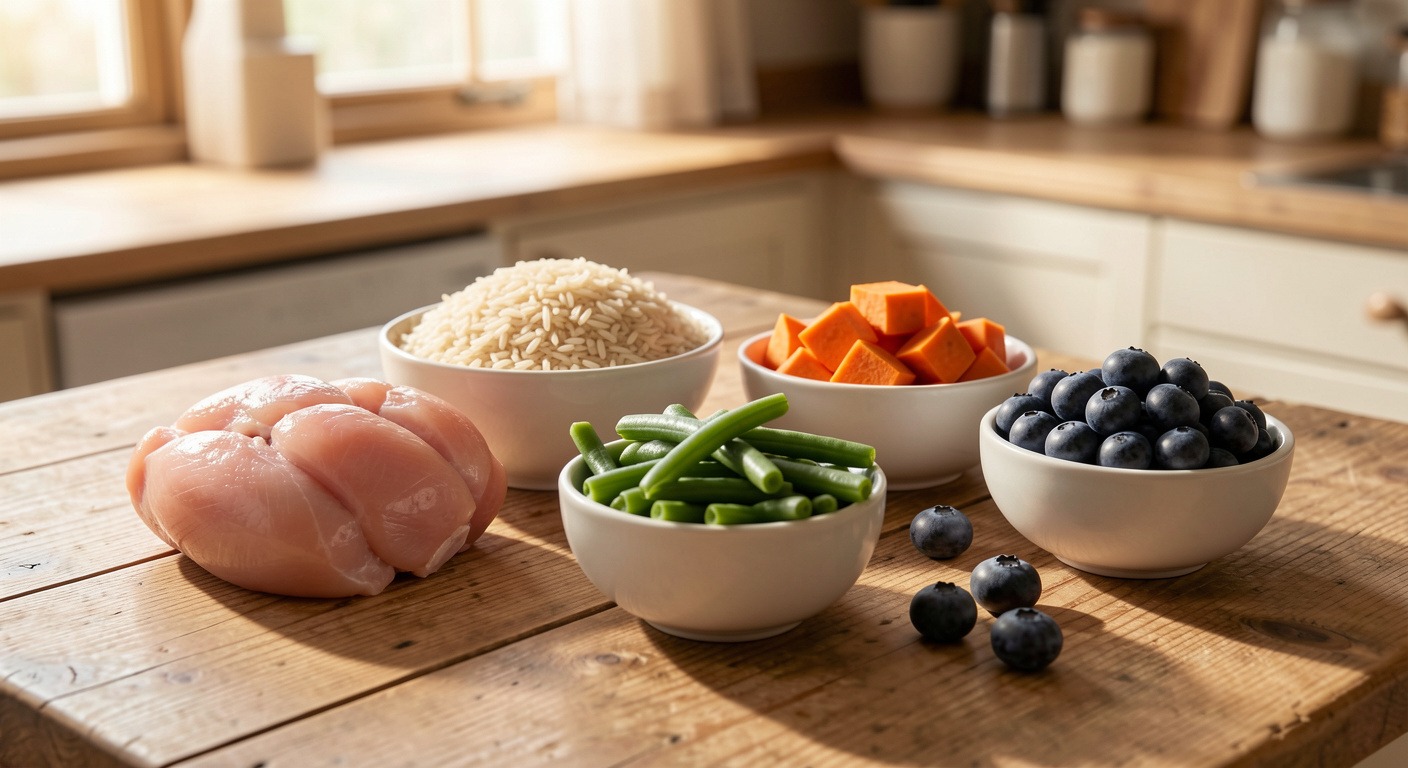 Fresh homemade dog food ingredients on kitchen counter