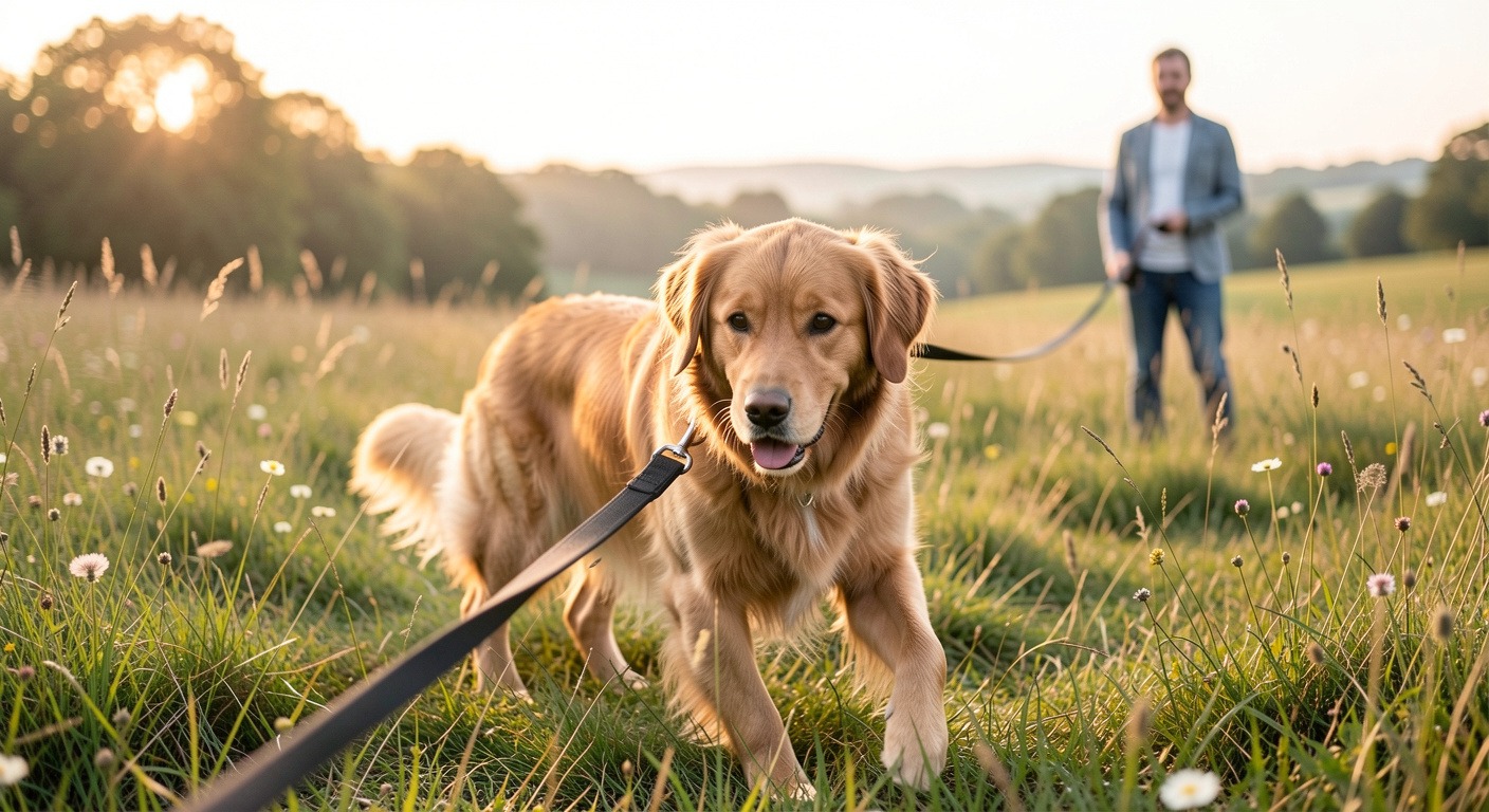 Close-up of a dog on a biothane long-line leash exploring a meadow while owner watches from distance during recall proofing training