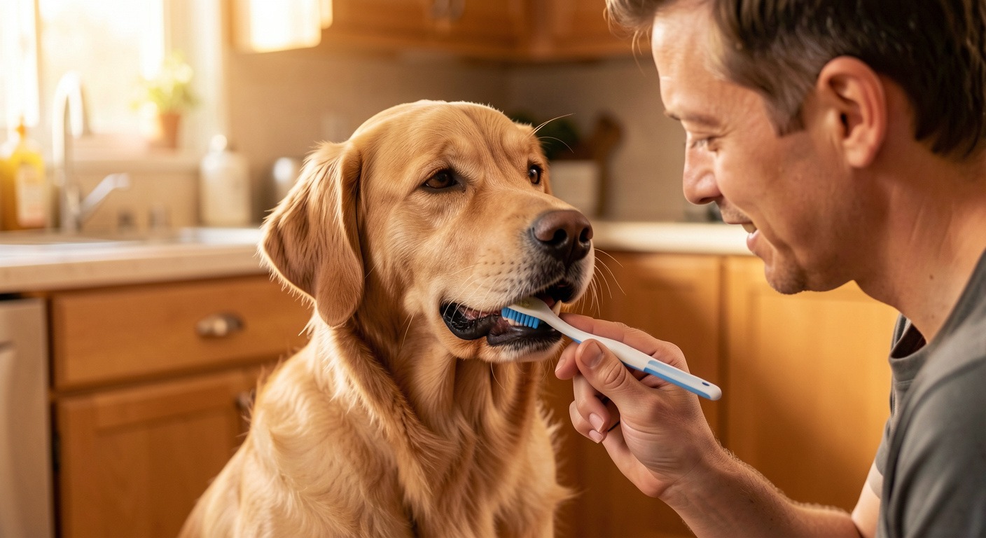 Dog Dental Care: Complete Guide to Brushing, Dental Chews, and Healthy Teeth 2 Dog owner brushing dog's teeth at home