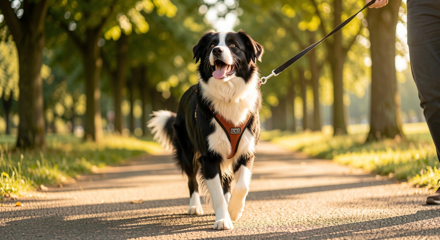 Happy border collie walking on loose leash wearing front-clip no-pull harness on sunny tree-lined path