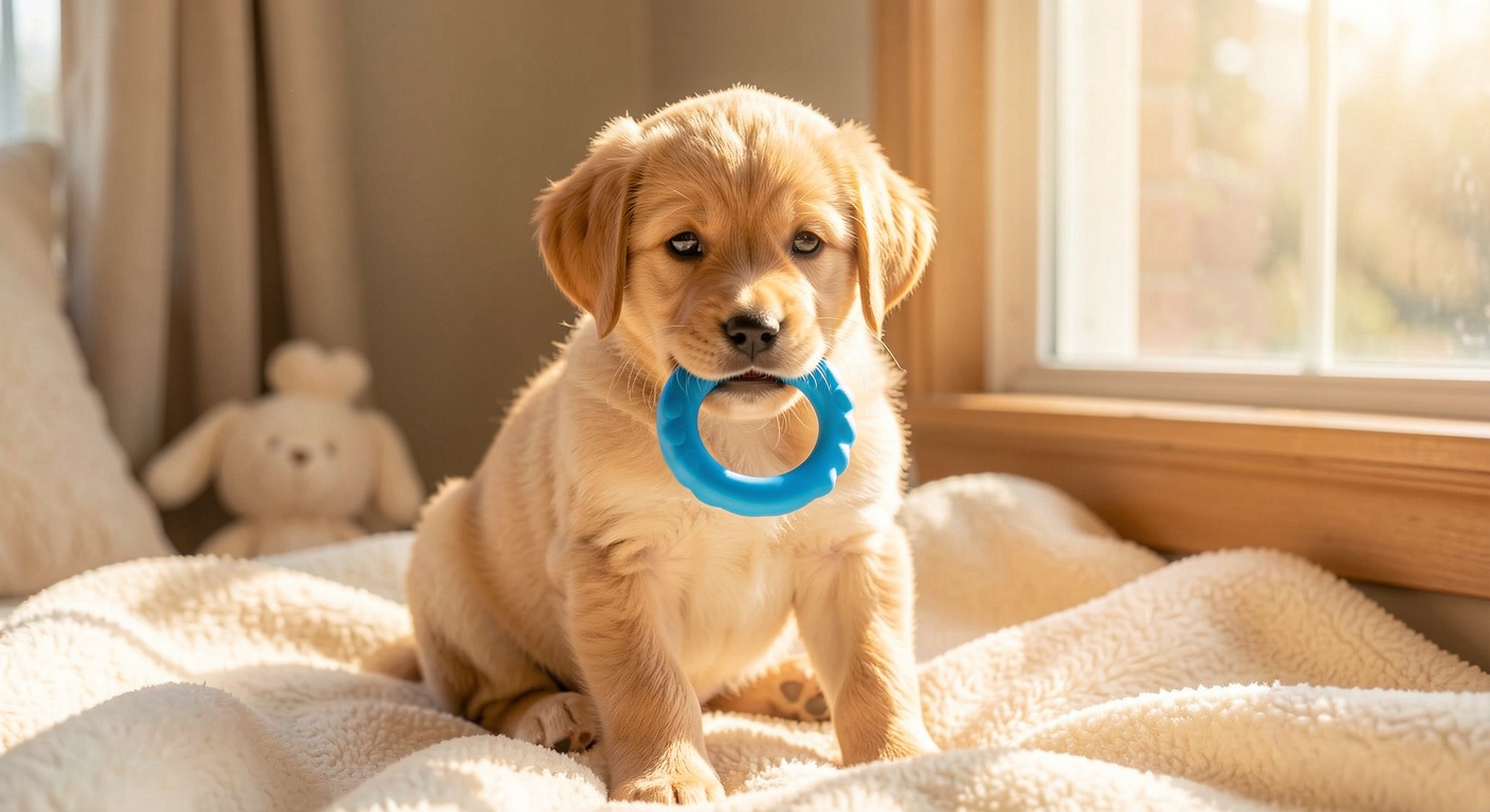 Puppy Teething Timeline: Symptoms, Relief Tips & Safe Chews 2 Adorable puppy with a teething toy, sitting on a soft blanket at home