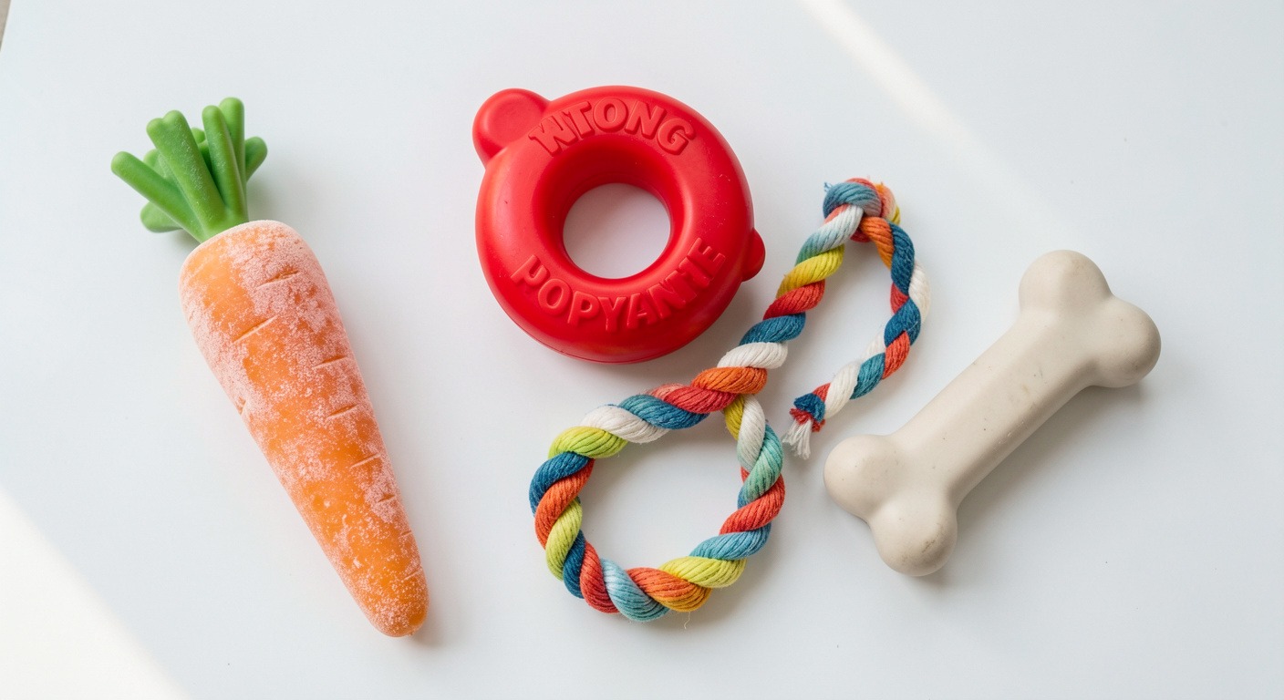 Puppy Teething Timeline: Symptoms, Relief Tips & Safe Chews 3 Selection of puppy-safe teething toys including frozen carrot, Kong toy, and rope toy on a clean surface