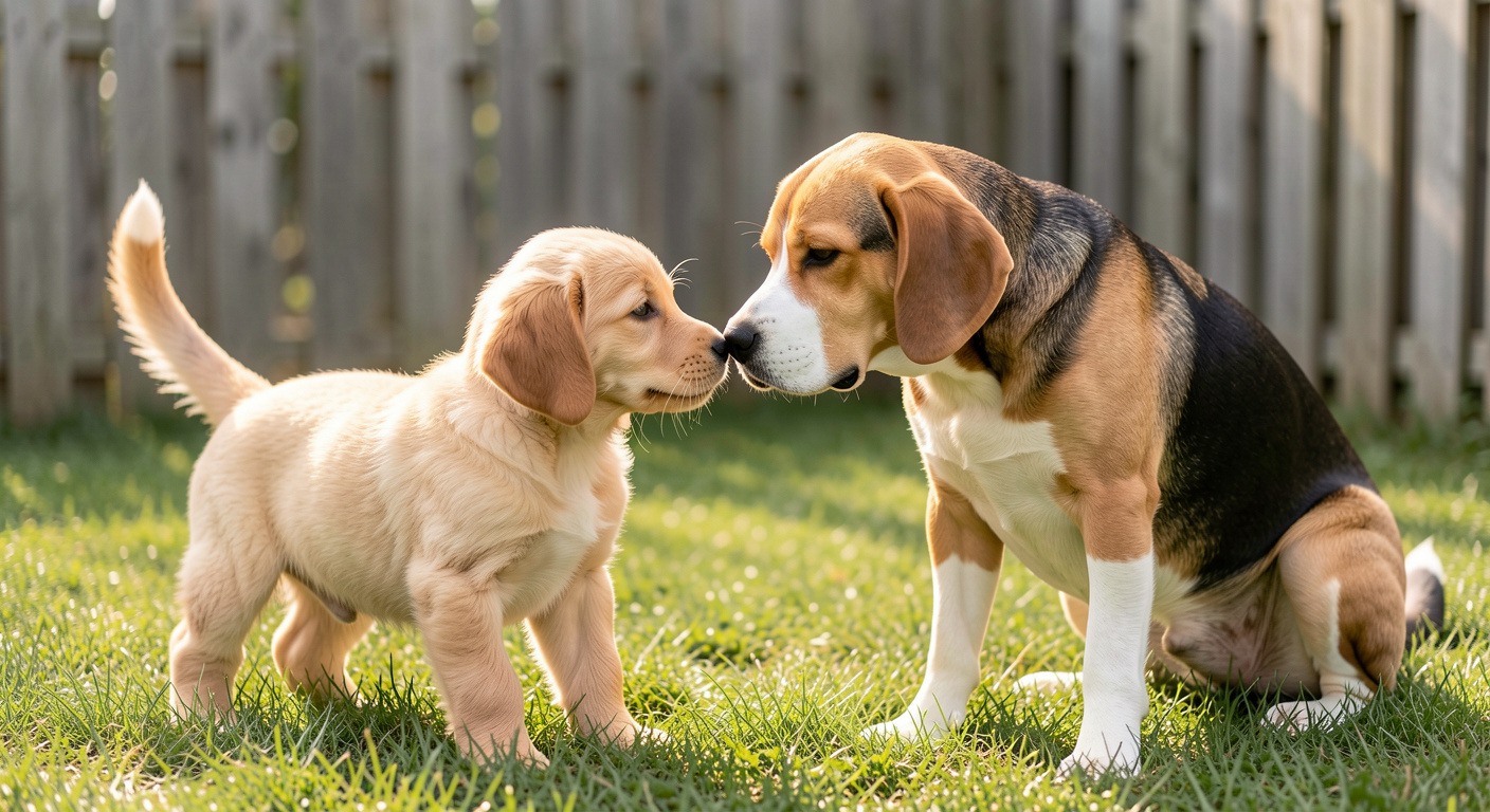 Golden retriever puppy meeting adult beagle in safe backyard socialization moment
