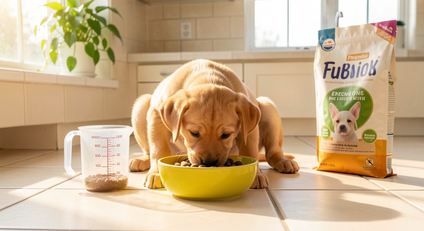 Adorable Labrador puppy eating kibble from a ceramic bowl in a bright kitchen