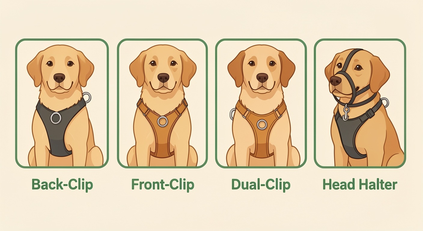 Dog Harness vs Collar: Which Is Safer for Walks? 3 Comparison of the dog harness types: back-clip, front-clip, dual-clip, and head halter, educational guide for choosing the right harness