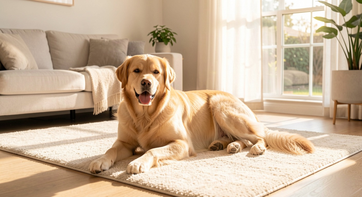 Happy healthy dog lying calmly on a soft rug in a bright modern living room with sunlight through window