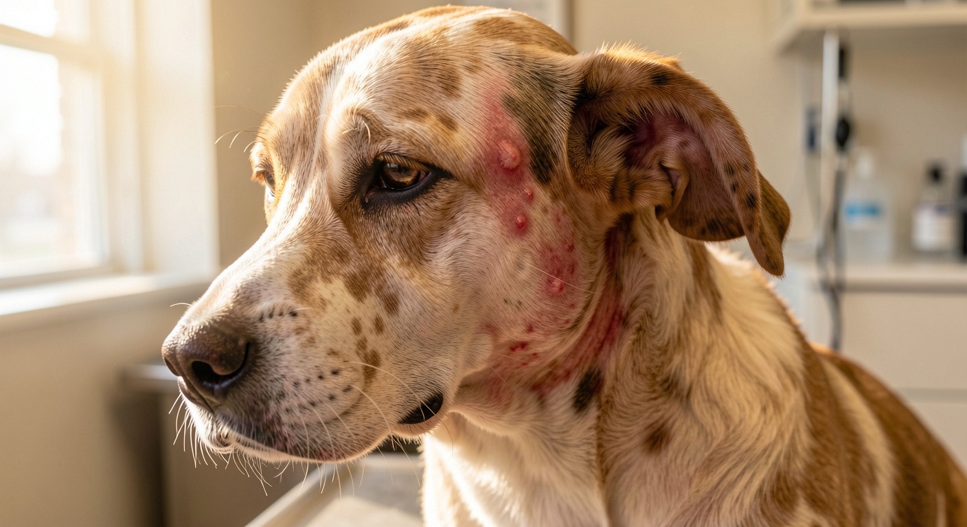 Close-up of dog with visible skin allergy symptoms - red irritated skin, scratching, patchy fur