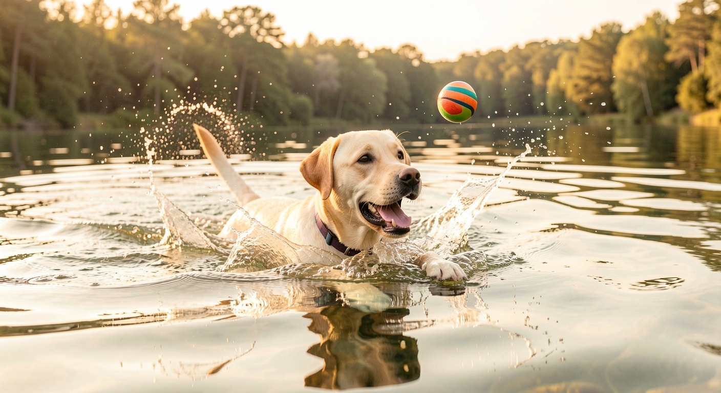 Labrador Retriever: Complete Breed Guide — Temperament, Health, and Care 2 Labrador Retriever swimming and retrieving a toy in a lake