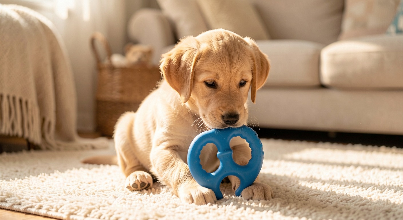 Adorable puppy chewing safe blue rubber teething toy on soft rug