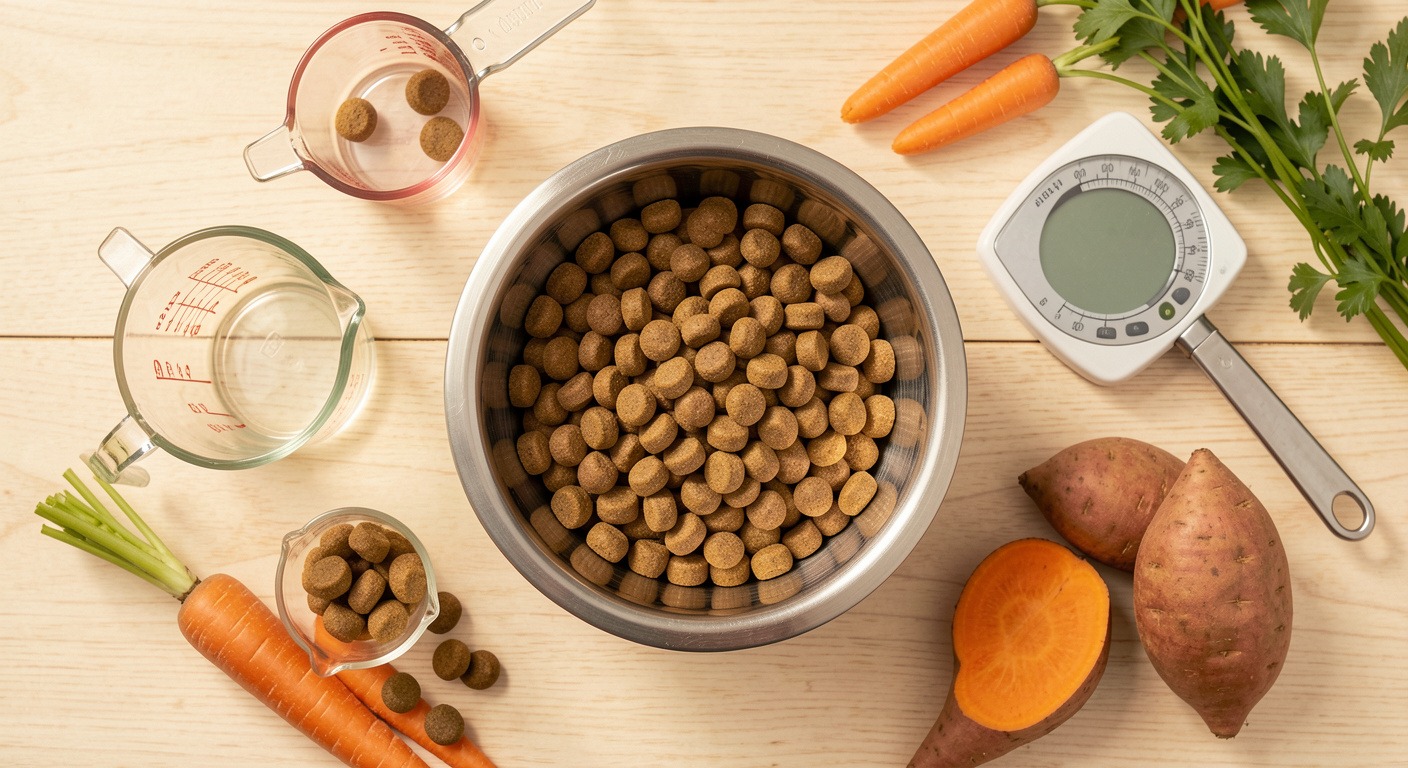 Cost of Owning a Dog in 2026: The Real Numbers from Adoption to Annual Expenses 2 Overhead flat lay of dog food kibble in bowl with measuring cups and fresh ingredients