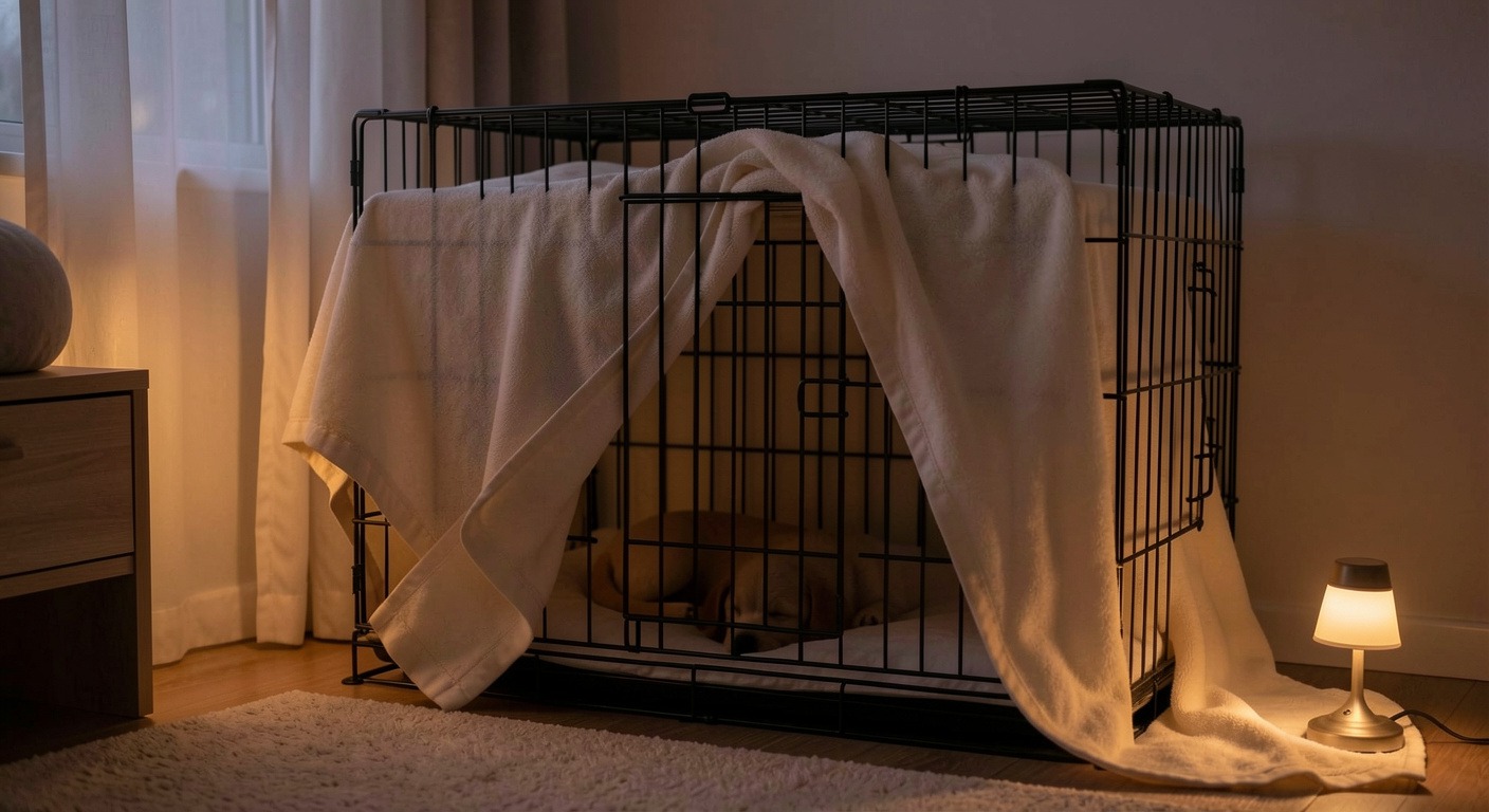 How to Crate Train a Puppy: A Positive, Step-by-Step Guide 4 Wire dog crate covered with cream blanket in dim cozy bedroom at dusk with puppy sleeping inside