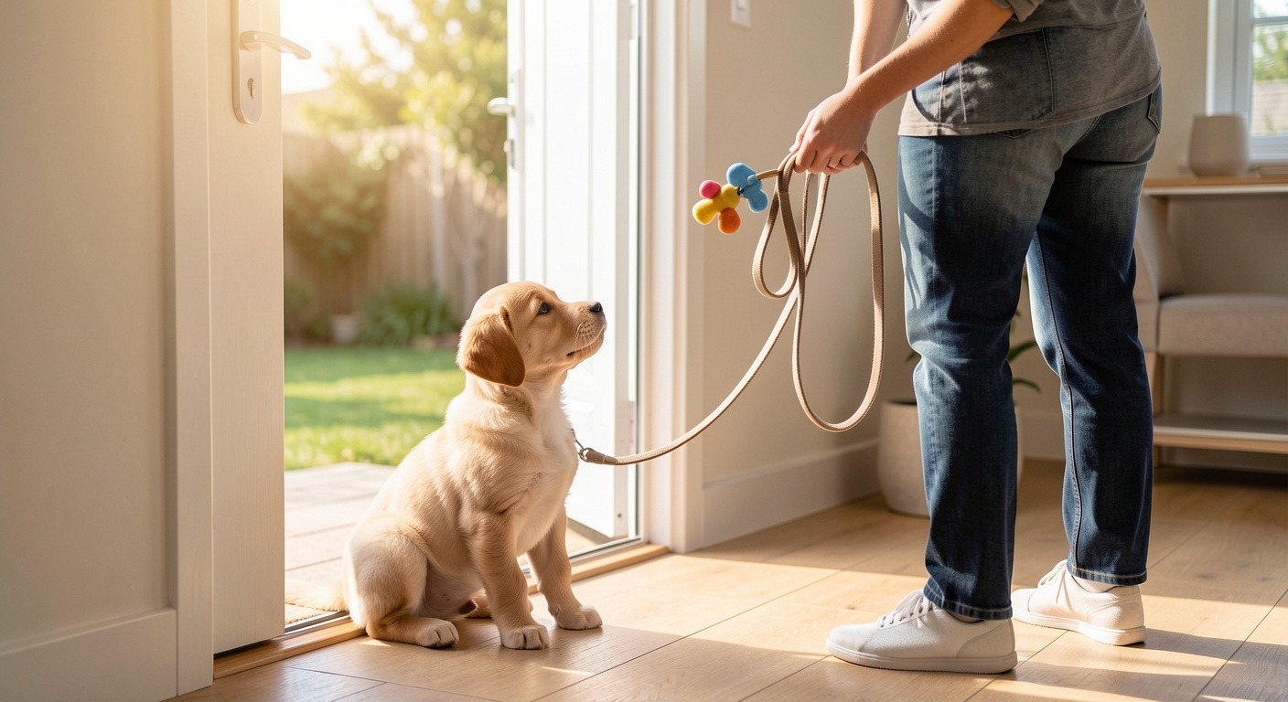 Puppy sitting by back door with owner holding leash and treats — positive potty training scene