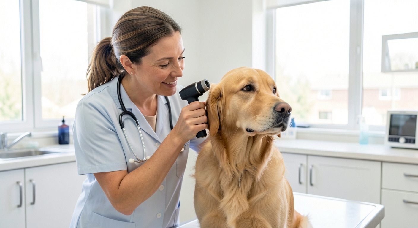 Veterinarian examining dog ear with otoscope in bright clinic