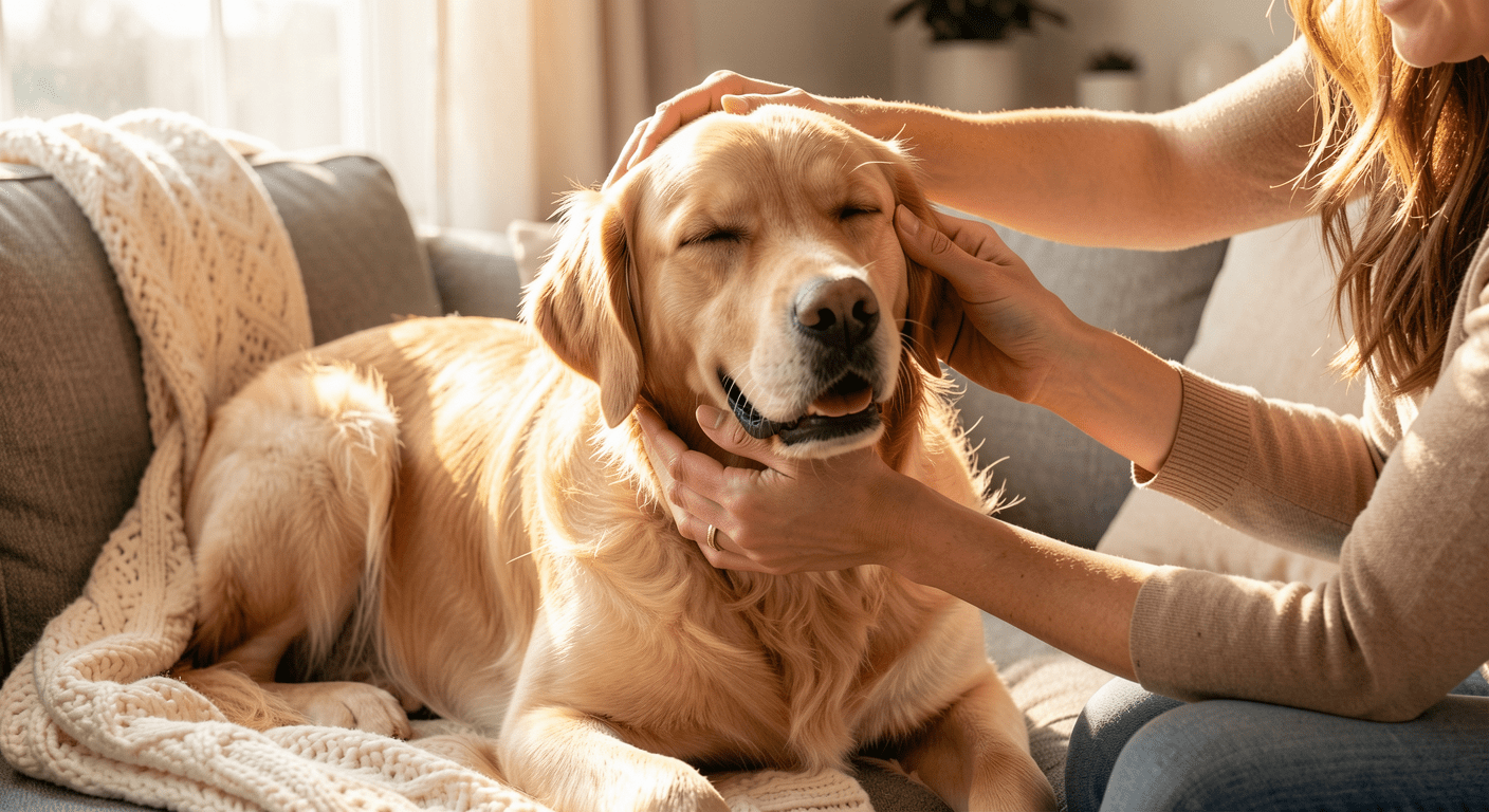 Dog Ear Infections: Symptoms, Causes, Treatment & Vet Warning Signs 4 Owner giving gentle ear rubs to relaxed golden retriever on cozy couch