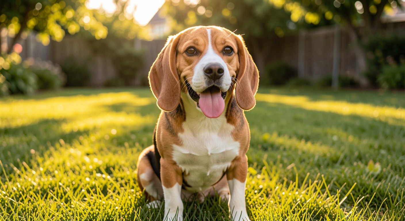 Happy Beagle dog with floppy ears sitting in sunny grassy backyard, golden hour lighting
