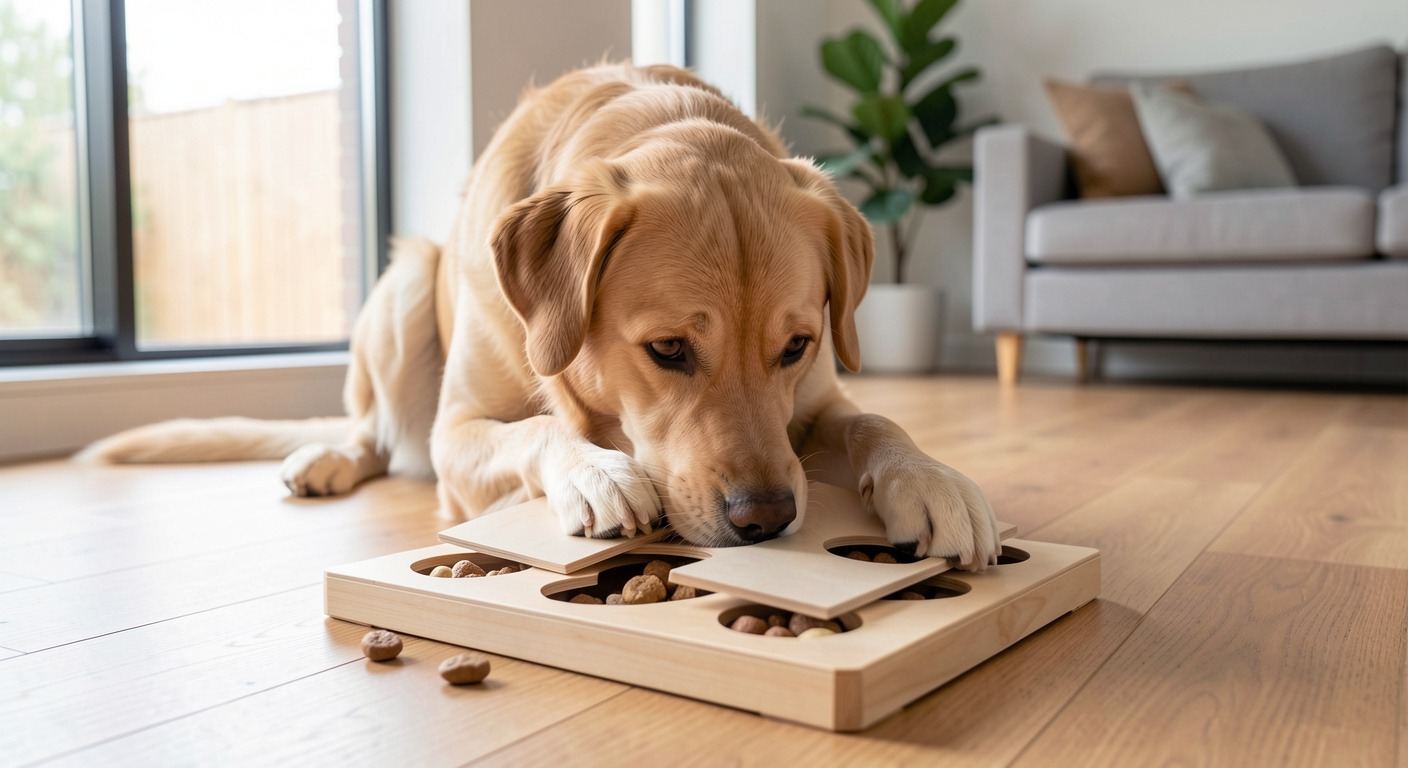 Dog working on a Nina Ottosson puzzle toy, pushing flaps with its nose to reveal hidden treats