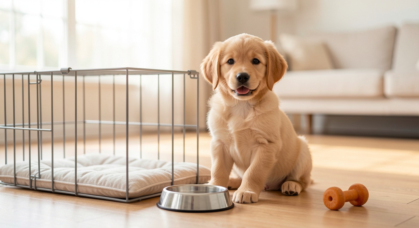 Puppy with crate and supplies, essential new puppy checklist