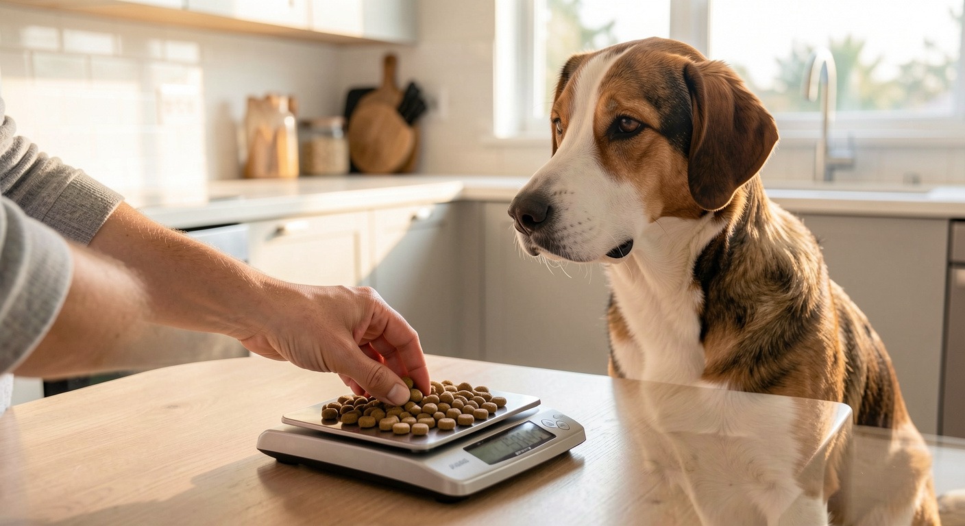 Dog owner measuring dry kibble on a kitchen scale for precise portion control