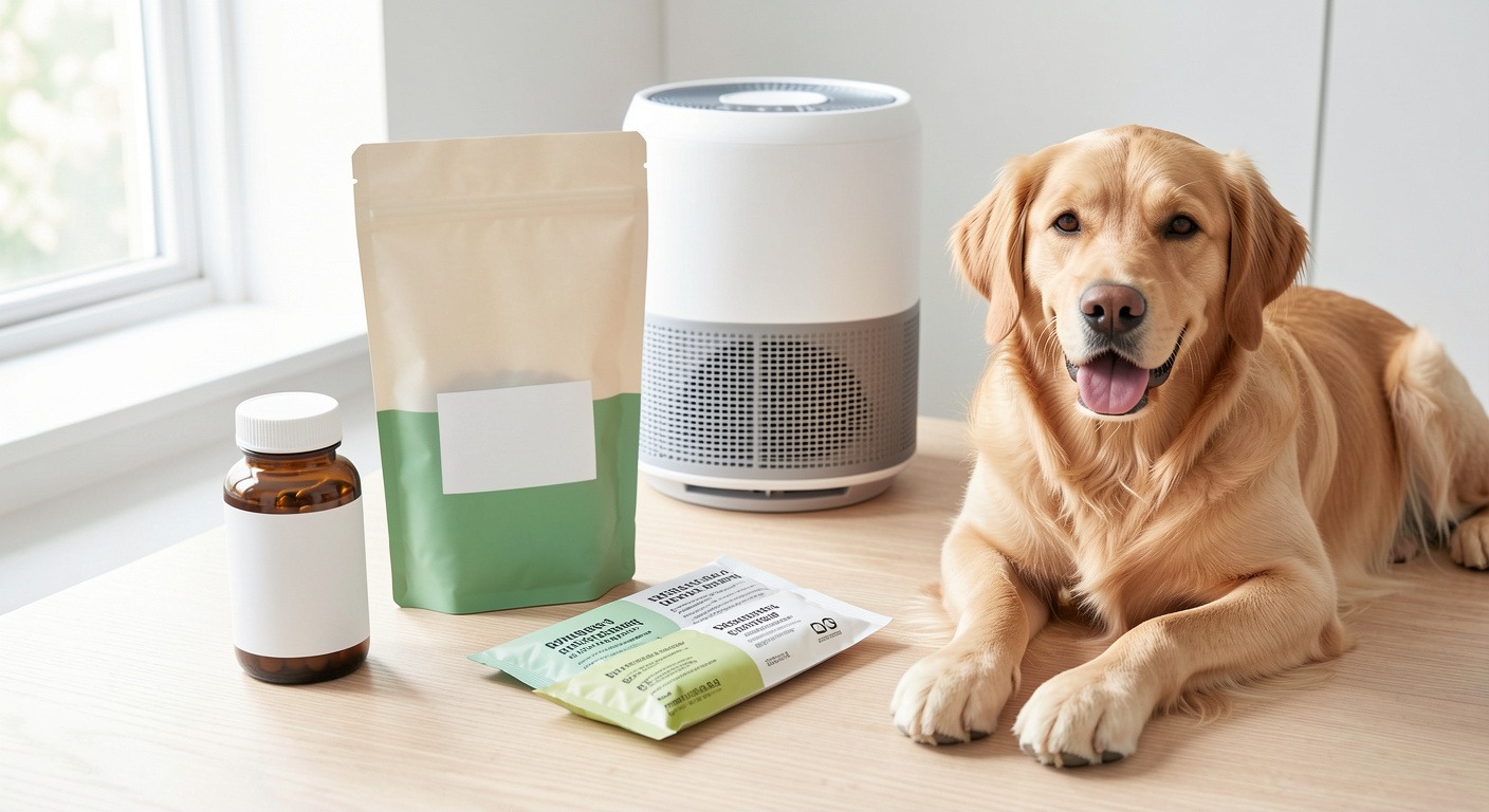 Dog Allergies: Symptoms, Causes, and How to Help Your Dog Find Relief 4 Dog allergy management supplies: omega-3 supplements, hypoallergenic food, medicated wipes, air purifier