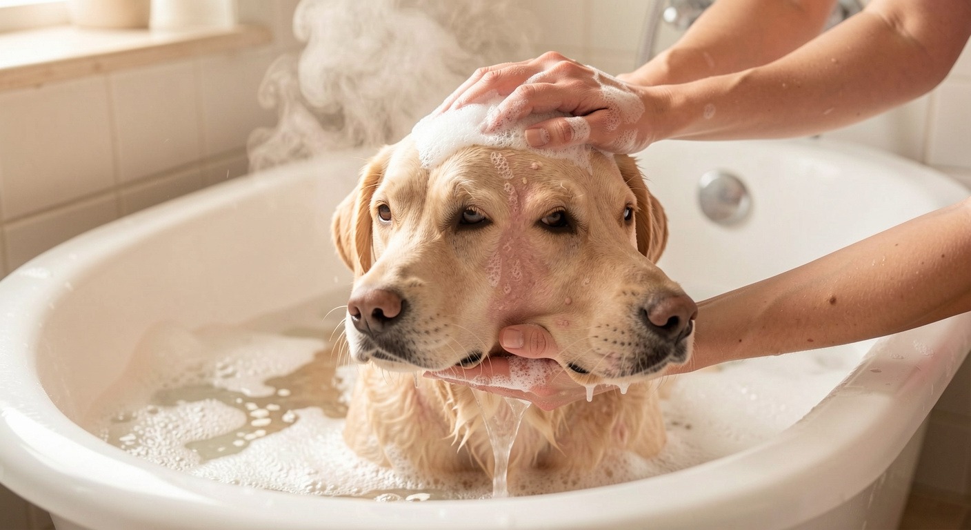 Dog Allergies: Symptoms, Causes, and How to Help Your Dog Find Relief 3 Dog receiving soothing oatmeal bath for skin allergy relief at home
