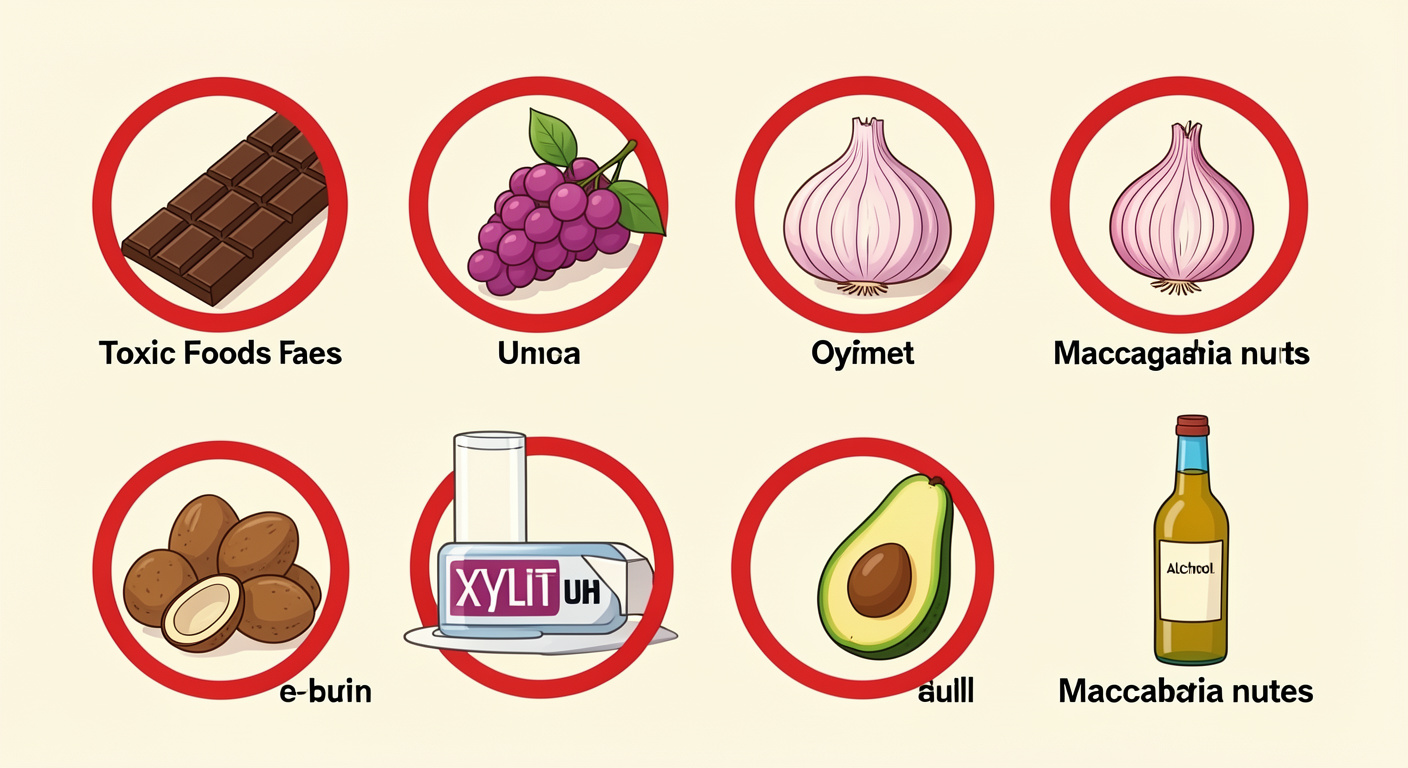 Toxic foods dogs cannot eat with prohibition symbols
