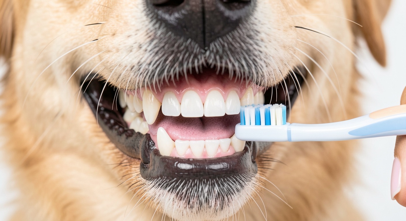 Healthy dog teeth close-up with toothbrush