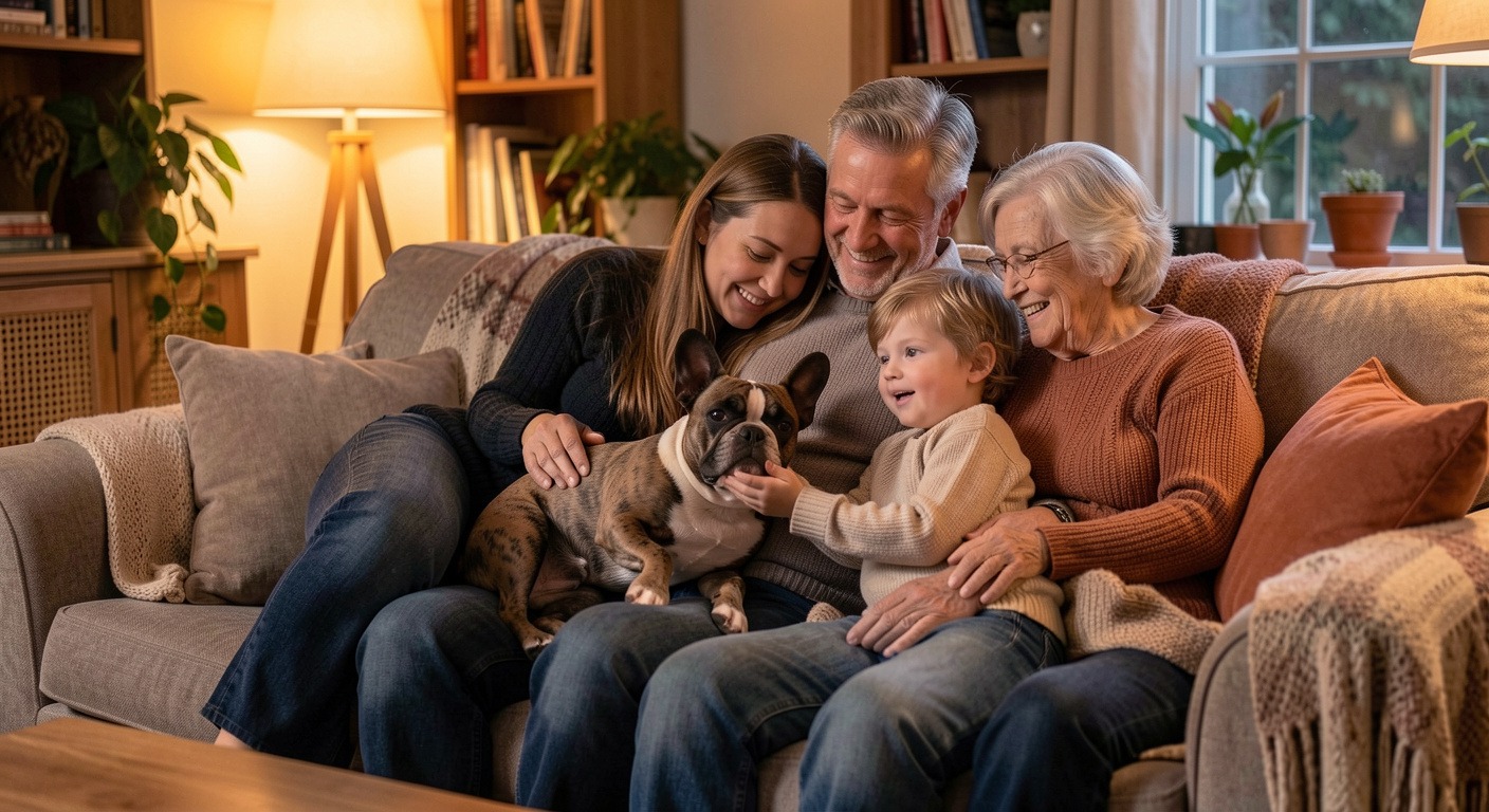 French Bulldog Guide: Temperament, Health, Care, and What to Know Before You Buy 4 French Bulldog cuddling on a couch with family