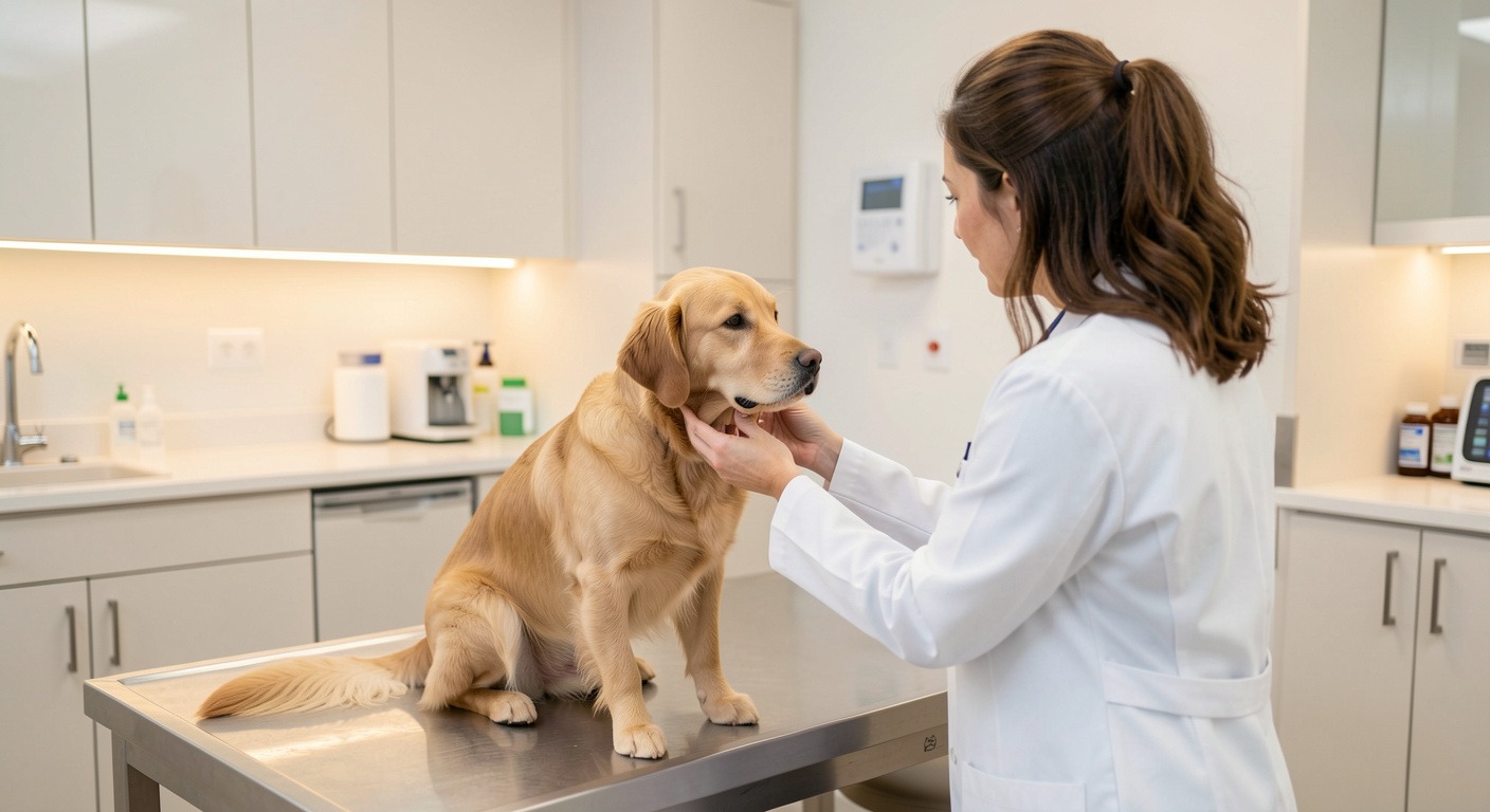 Veterinarian examining a dog and discussing flea and tick prevention options with owner
