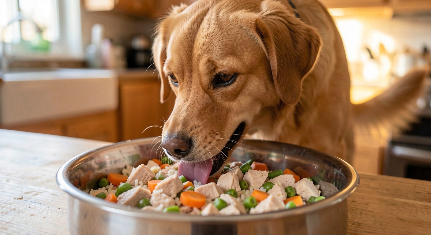 Homemade Dog Food: A Complete Guide to Safe, Balanced Meals 3 Dog happily eating fresh homemade dog food from a stainless steel bowl