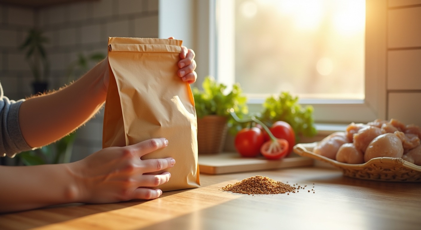 Person's hands holding a dog food bag examining the label in a bright kitchen with fresh ingredients on the counter