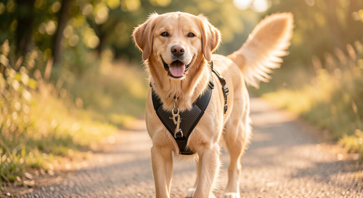 Dog wearing comfortable Y-shaped no-pull harness walking outdoors on sunny path